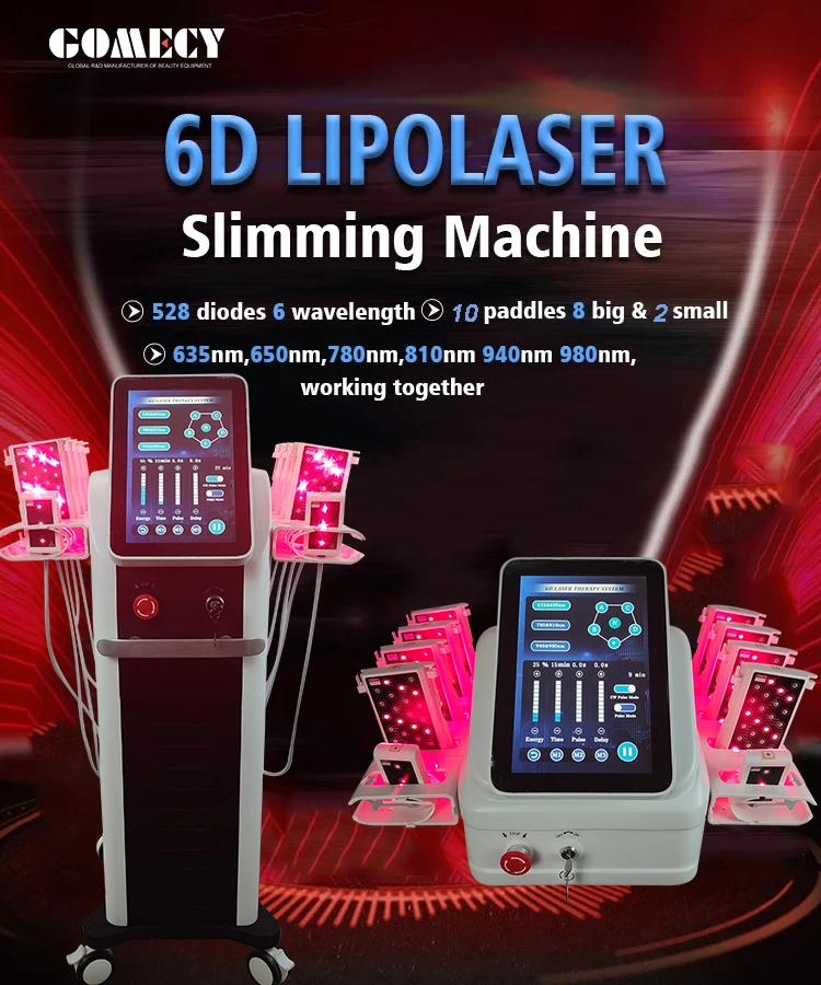 เครื่องสูบไขมันเลเซอร์ 6 มิติที่พัฒนา 209mw เครื่องสูบไขมันเลเซอร์ Lipo Super 6d ด้วยความยาว 635nm 650nm 780nm 810nm 940nm 980nm 0